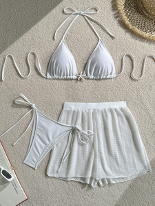 Women's <b>White</b> 2 Piece <b>Bikini</b> <b>Set</b> Halter Top Lace Up Shorts Swimwear Stretch Solid Color Knitted Beachwear - Product Image 5