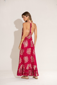 Robe longue bohème élégante pour femmes, rouge, sans manches, col carré, taille haute, 100% coton, écologique, robe de plage d'été - Product Image 6