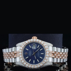 Double Gold Tone – Iced Out Style Mossinate Diamond Watch For Men Blue Dial Stainless Steel Silver Metal Water-Resistant Watch - Product Image 2