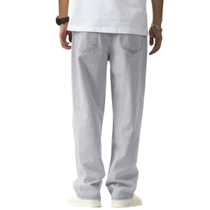 Mens <b>Light</b> Grey Straight Leg Denim Jeans Loose Fit Washed Cotton Casual Fashion <b>Trousers</b> Comfortable Vintage Style Pants - Product Image 2