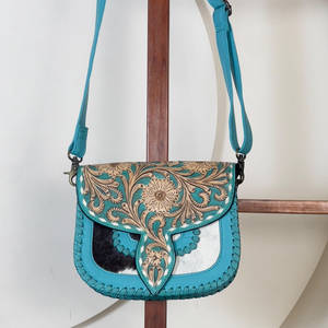 Handmade Tooled Genuine Cowhide Turquois Leather Crossbody Handbags Stylish Floral Design <b>Women</b> Crossbody Shoulder <b>Messenger</b> <b>Bag</b> - Product Image 3