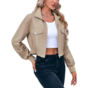<b>Women</b>’s Cropped Bomber <b>Jacket</b>, Lightweight <b>Zip</b>-<b>Up</b> Short <b>Jacket</b>, Casual Stand Collar Coat for Fall and Everyday Wear - Product Image 3