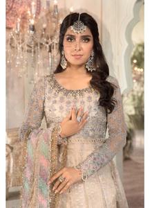 Elegante traje Anarkali de gasa beige bordado, manga larga, cuello barco, largo hasta el suelo, corte en A, vestido para la madre de la novia - Product Image 2