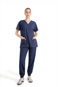 Conjunto de Uniforme Médico para Mujer, Color Azul Marino, Blusa con Cuello en V y Bolsillos, Pantalones Tipo Jogger, Tela Tejida de Algodón y Poliéster - Product Image 5