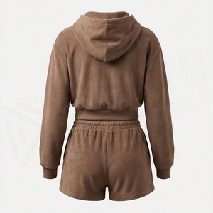 Ensemble 2 pièces en polaire pour femme, sweat à capuche zippé et short, couleur unie, coupe décontractée, au-dessus du genou, pour le printemps et l'été - Product Image 2