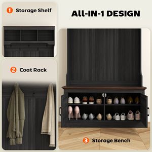 Albero 3-in-1 Hall con deposito di scarpe, appendiabiti con panca, mobili d'ingresso con cinque ganci, venature del legno nero - Product Image 4