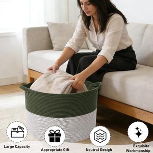 65L Large Woven Cotton Rope Nursery Basket, Laundry Basket Laundry Hamper with Handles,Blanket Basket <b>Storage</b> Bin for Toys - Product Image 3