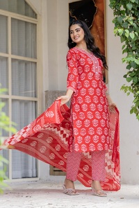 Red Printed Straight <b>Kurta</b> Set with Dupatta & 2 Side Pockets | <b>Women</b> Cotton Ethnic Wear Suit - Product Image 6