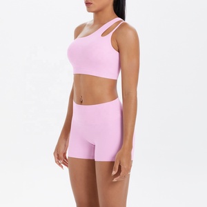 Pink one-shoulder yoga set Seamless crop top shorts High waist yoga shorts Asymmetric activewear set - Product Image 4