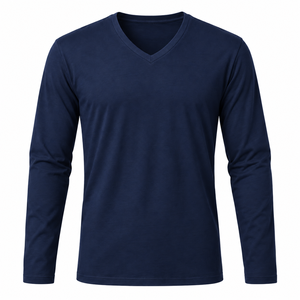 <b>Men's</b> <b>Navy</b> <b>Blue</b> V Neck Long Sleeve T-<b>Shirt</b> Casual Solid Plain Dyed 100% Cotton Eco-Friendly Tee Top - Product Image 1