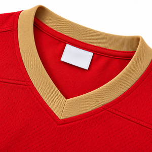 Jersey de Fútbol Americano Personalizado Rojo y Dorado, Cuello en V, Manga Corta, Malla Transpirable, Uniforme de Equipo - Product Image 4
