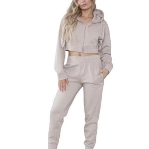 <b>Women's</b> <b>Beige</b> Cropped Zip Hoodie <b>Jogger</b> Pants Set Casual Two Piece Eco-Friendly 100% Cotton Tracksuit Loungewear Custom Private - Product Image 3