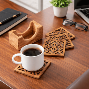 Elegante Juego de Posavasos de Madera de Mango Hechos a Mano con Soporte |   Posavasos Ecológicos de 4 Piezas para Mesa de Centro, Bebidas y Decoración del Hogar - Product Image 2