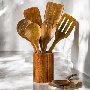 Ensemble d'ustensiles à salade en bois de haute qualité avec cuillères et spatules, écologiques, ustensiles de cuisine manuels - Product Image 1