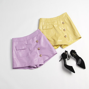 Red And Cream High Waist Leather Shorts With Button Closure And Pocket Detail - Product Image 4