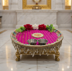 Hermoso juego de thali para puja hecho a mano con flores artificiales, cuentas, encaje, plato decorativo para pooja con tazones, regalo festivo. - Product Image 2