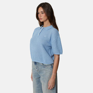 Women's Light Blue Short Sleeve Knitted Polo Shirt Solid Color Casual Breathable 100% Cotton - Product Image 3