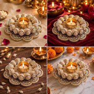 Supports de bougies chauffe-plat en perles artisanales écologiques et durables, avec travail miroir, sous-verres décoratifs en métal Diya pour Diwali - Vente en gros - Product Image 1