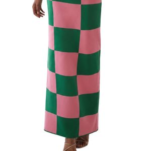 Jupe en tricot à carreaux rose et vert pour femme, longue, décontractée, tendance, en tissu extensible doux, élégante pour le quotidien - Product Image 3