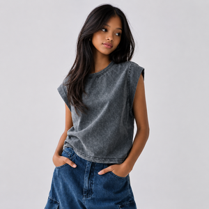 Camiseta sin mangas de cuello redondo para mujer, corte holgado, de algodón lavado, estilo casual, color liso, para primavera/verano - Product Image 1