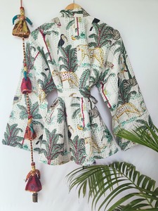 Robe Kimono Vintage Kantha pour Femme, Imprimé Floral et Animal, en Coton, Kaftan Longue Manches, Taille Élastique, Col en V, Longueur Complète, Séchage Rapide - Product Image 2