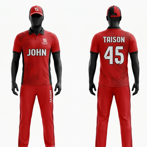 Uniforme de cricket en polyester premium 180 GSM, rouge et noir avec panneaux latéraux, sublimation, broderie, logo personnalisé - Product Image 1