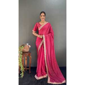 FABULOSA GEORGETTE PIEDRA DE SEDA CON LACE WORK LISTO PARA USAR SAREE CON BLUSA DESCOSTADA ROSA - Product Image 1