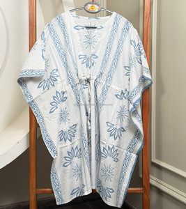 Nueva venta al por mayor de bloque de mano impreso una pieza Kaftan vestido con cuello en V y cintura ajustable vestido túnica de verano de gran tamaño para las mujeres - Product Image 4