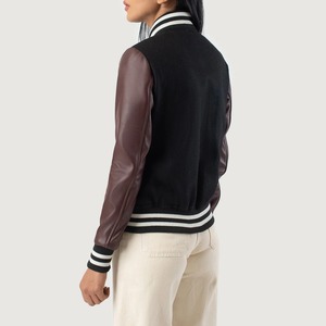 Black Varsity <b>Jacket</b> With Brown Faux Leather Sleeves Stand Collar Button Closure Autumn Wear <b>Women's</b> <b>Jacket</b> - Product Image 2