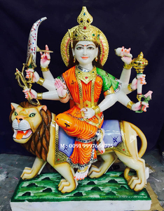 Escultura de León, mármol blanco pulido, Durga Mata sentado sobre la figura - Product Image 5