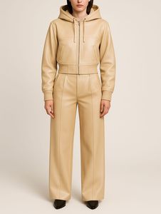 Ensemble de survêtement premium pour femme en cuir PU noir – Sweat à capuche entièrement zippé et pantalon large – Tenue décontractée deux pièces en cuir - Product Image 5