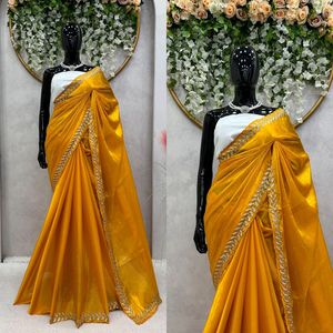 Sari Zimmy Choo de Lujo con Bordado Pesado en el Pallu, Blusa con Borde de Diamantes y Lentejuelas, para Fiesta, Sin Costuras, de Seda, Sin Arrugas, de Secado Rápido - Product Image 2