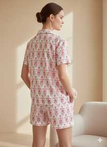 Conjunto de Pijama Elegante, Casual y Sexy para Mujer, de 2 Piezas, Manga Corta, Cuello Camisero, 100% Algodón, Transpirable, Suave y Liso - Product Image 3