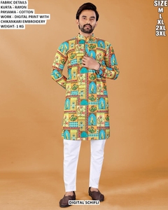 Kurta pour homme à imprimé numérique Chikankari avec pyjama en coton blanc, coupe régulière, longueur cheville, tenue traditionnelle pour toutes les saisons - Product Image 2