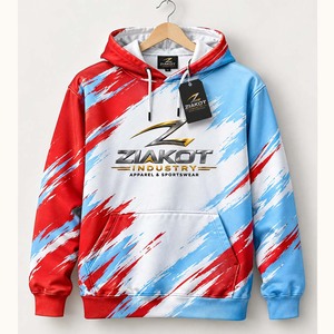Sweat-shirt à capuche sportif personnalisé Ziakot Industry, motif abstrait 3D brossé rouge, bleu clair et blanc, vente en gros - Product Image 1