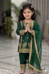 Salwar Kameez pakistanais pour enfants, filles, violet, vert, bleu, tenue de mariage Eid, costume brodé 3 pièces avec dupatta - Product Image 3