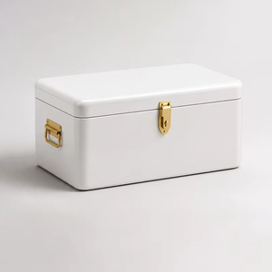 Vibrant Red <b>Metal</b> Rectangle <b>Trunk</b> Showcases Gleaming Gold Hardware And Side Handles For Sleek, Modern Home <b>Storage</b> Aesthetics - Product Image 5