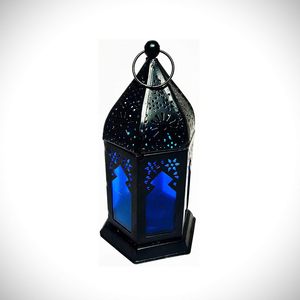 Farol Marroquí Negro de Hierro con Portavelas de Cristal Azul para Decoración del Hogar - Product Image 3