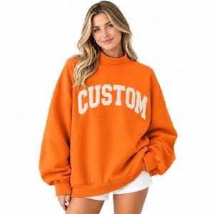 Factory Made Customized Embroidery Letter Printing Women's Plain Dyed Oversized <b>Orange</b> Color Mock Neck <b>Fleece</b> Winter Autumn - Product Image 1