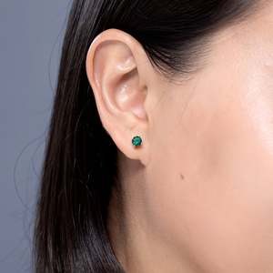 Round-Cut AAAA Natural Emerald Gemstone Studs Earrings, 14kt Yellow Gold Minimalist May Birthstone <b>Screw</b> Back 4 Prong Earring - Product Image 1