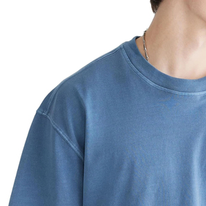 เสื้อยืดคอกลมแขนสั้นทรงโอเวอร์ไซส์สำหรับผู้ชาย สีน้ำเงินวินเทจ ผ้าฝ้ายถักเนื้อนุ่ม สไตล์ลำลอง - Product Image 3
