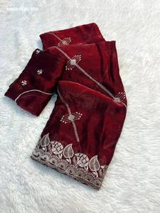 Gorgeous Looking Space Silk with Zari-Thread Embroidered All-Over Stripe Pattern & Leaf border work <b>Saree</b>-<b>Blouse</b> Indian Supplier - Product Image 5