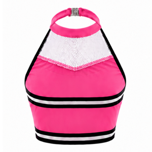 Haut court de cheerleading imprimé rose vif, blanc et noir, sans manches, personnalisable, pour performance athlétique, uniforme de cheerleading pour femmes et filles - Product Image 2