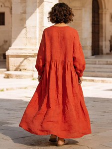 Robe longue ample bohème unie pour femme, manches longues, col en V, coupe fluide, idéale pour l'été - Product Image 3
