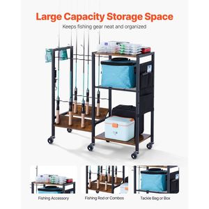 Support de rangement pour 12 cannes à pêche avec support mobile pour cannes et roulettes de chariot, organisateur pour équipement de pêche, usage domestique, intérieur, garage - Product Image 2