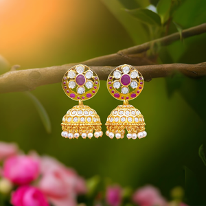 Half Moon Kemp Jhumki Earrings-18K Gold Plated Zinc Alloy Charm Earrings with Amethyst & Pearl for Wedding and Party - Product Image 3