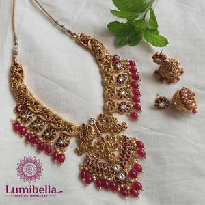 <b>Ruby</b> Pearl Heavy Work <b>Necklace</b> Set-Fashion Jewelry - Product Image 1