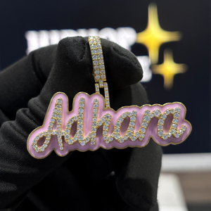 <b>Custom</b> Pink Enamel Script <b>Name</b> Pendant 925 Sterling Silver VVS Moissanite Iced Out Hip Hop <b>Necklace</b> Yellow Gold Personalized Rap - Product Image 4