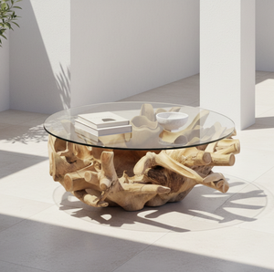 Contemporary Modern Keysha Root Coffee <b>Table</b> <b>Solid</b> Teak Root Construction Striking Glass-<b>Top</b> Round Durable Living Room Furniture - Product Image 2