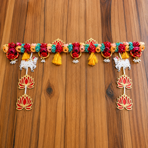 handmade Floral Door Toran with Cow Charms Lotus Hangings Yellow Tassels and Multicolor Flowers for Festival <b>Home</b> Decor Uses - Product Image 5